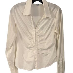 Lafayette 148 New York White Ruched Front Button Hook Collar Shirt Sz 4
